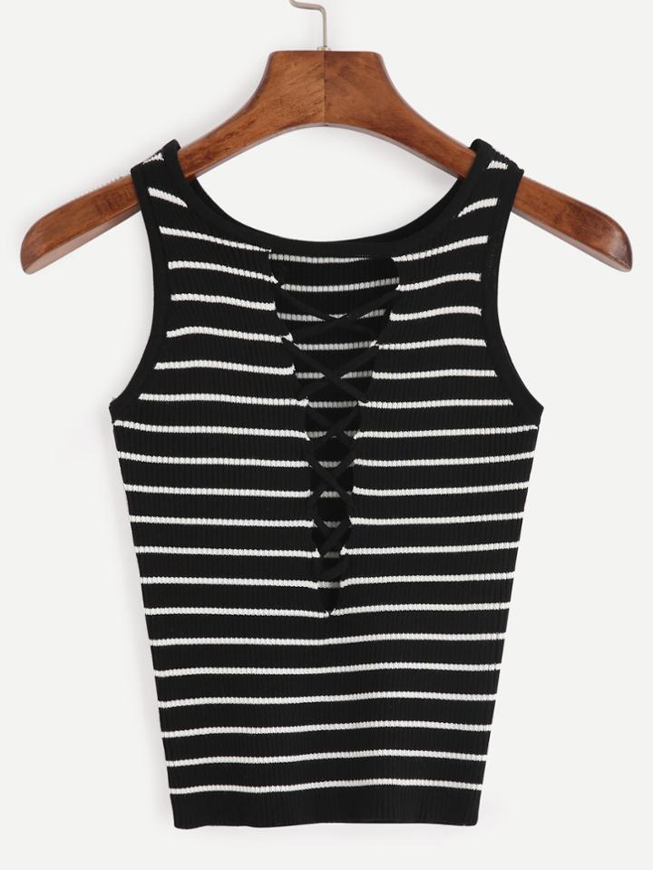 Romwe Black Striped Criss Cross Front Knit Tank Top