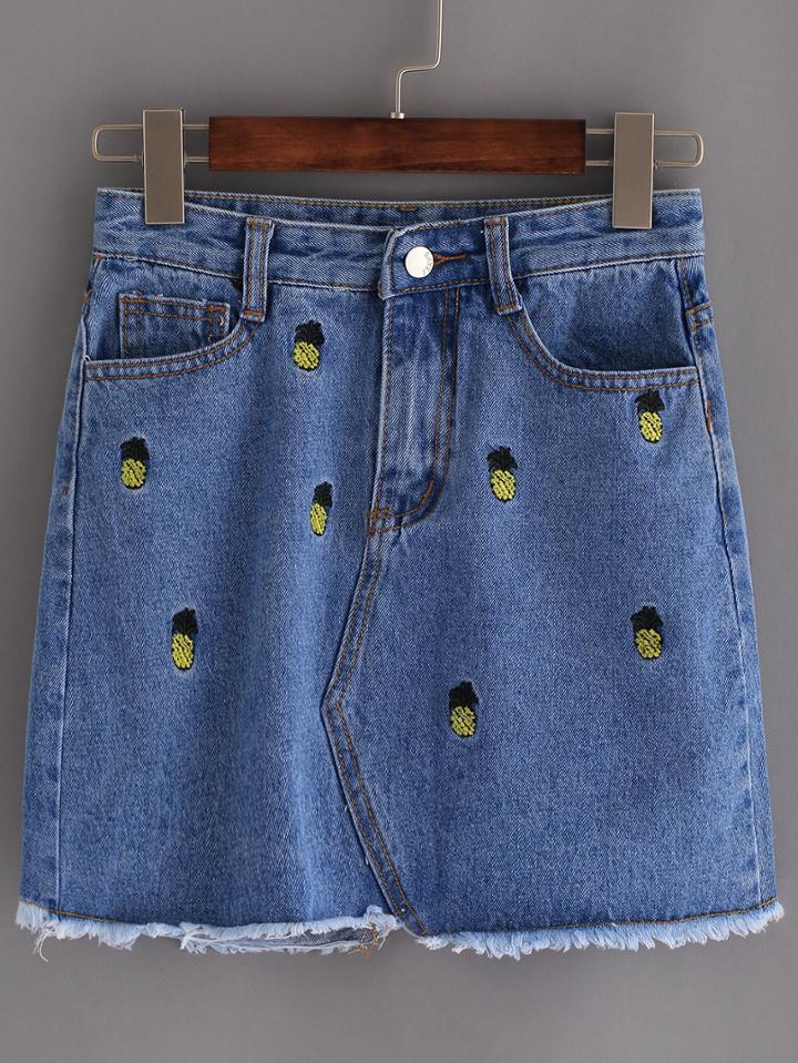 Romwe Blue Frayed Denim Embroidered Skirt