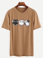 Romwe Camel Cat Print High Low T-shirt