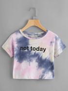 Romwe Slogan Print Tie Dye Cuffed Crop Tee