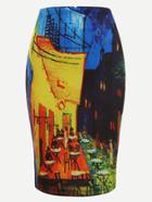 Romwe Multicolor Print Zipper Pencil Skirt