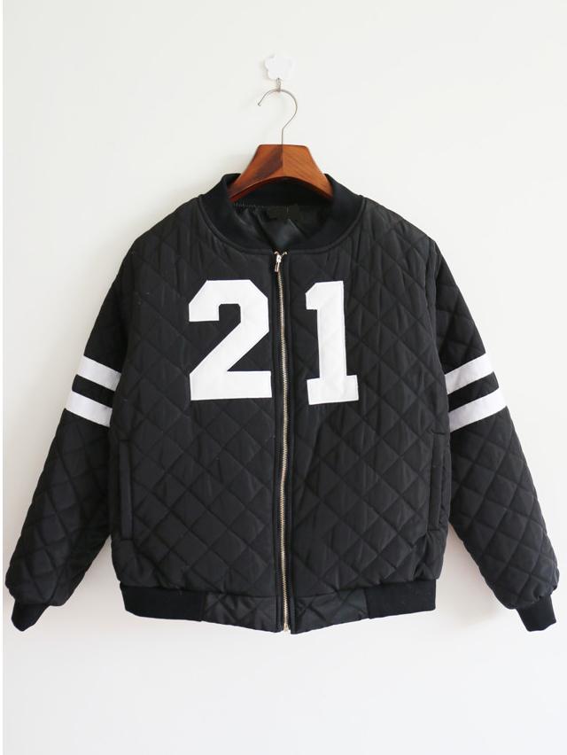 Romwe Striped Number Patch Zipper Black Jacket