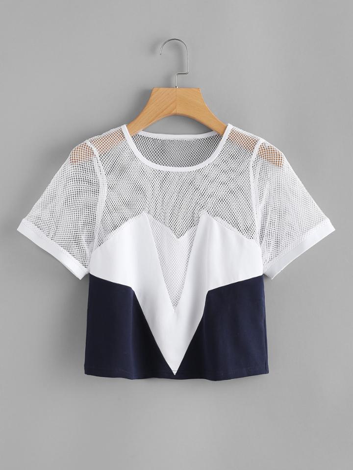 Romwe Fishnet Panel Crop Tee