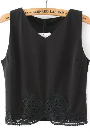 Romwe V Neck Hollow Black Tank Top