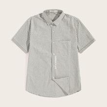 Romwe Guys Letter Print Curved Hem Gingham Shirt