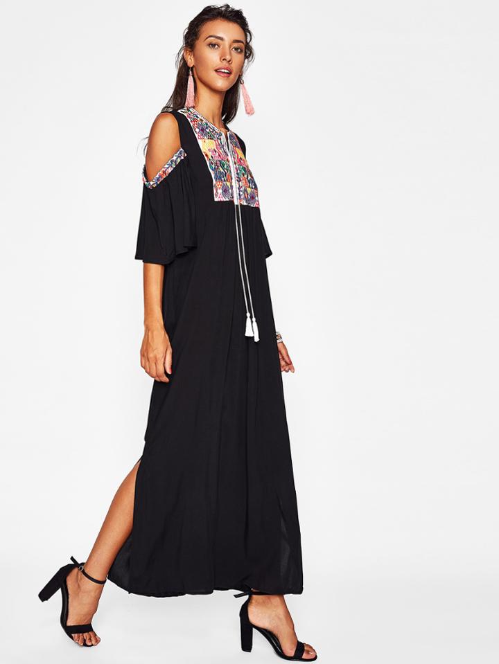 Romwe Aztec Embroidered Open Shoulder Tassel Tie Neck Dress