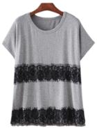 Romwe Light Grey Short Sleeve Lace Splicing T-shirt