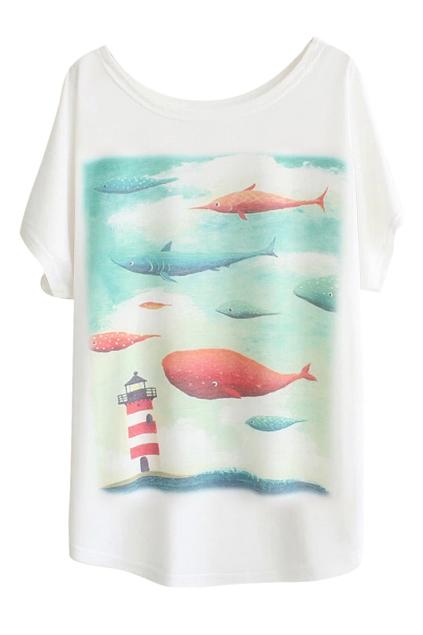 Romwe Cartoon Fish Print White T-shirt
