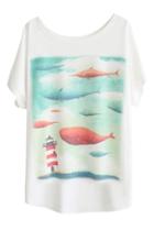 Romwe Cartoon Fish Print White T-shirt