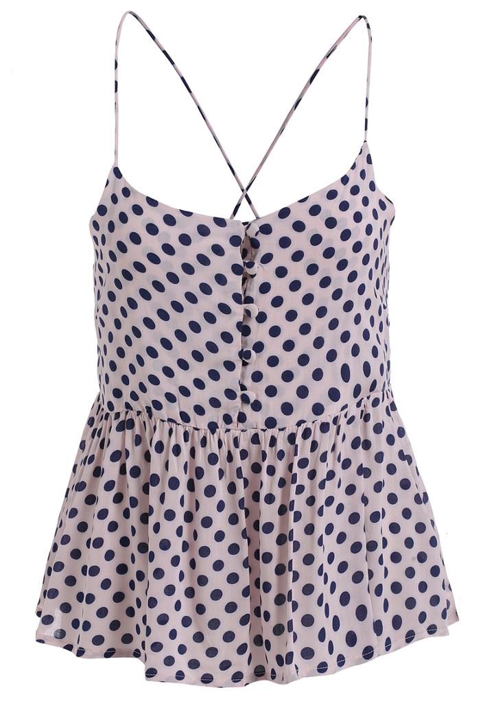 Romwe Spaghetti Strap Polka Dot Peplum Hem Pink Vest