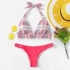 Romwe Self Tie Triangle Grid Top With Match Bikini Set