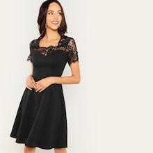 Romwe Eyelash Lace Yoke Fit & Flare Dress