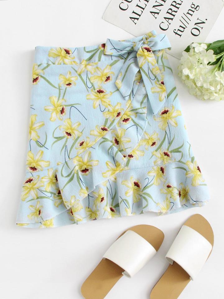 Romwe Ruffle Trim Floral Print Knot Side Skirt