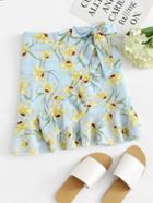 Romwe Ruffle Trim Floral Print Knot Side Skirt
