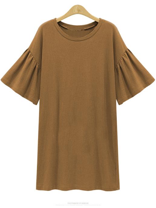 Romwe Drop Shoulder Ruffled Sleeve Shift Dress - Khaki