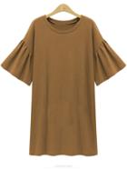 Romwe Drop Shoulder Ruffled Sleeve Shift Dress - Khaki