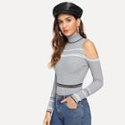 Romwe Cut-out Shoulder Striped Fitted Sweater