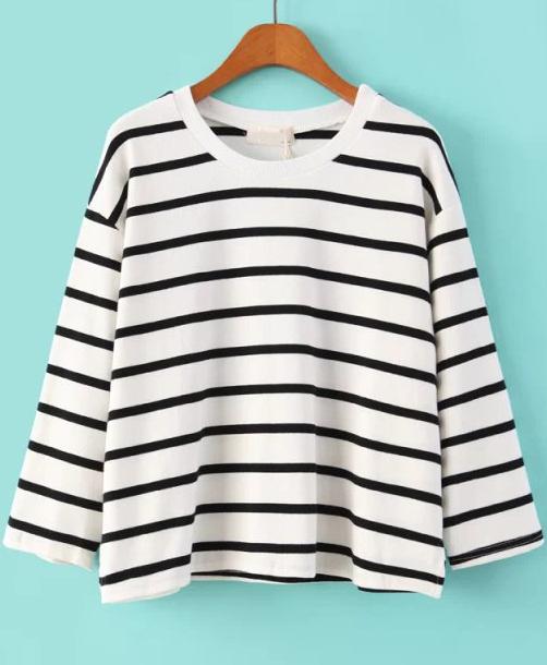Romwe White Long Sleeve Striped Crop T-shirt