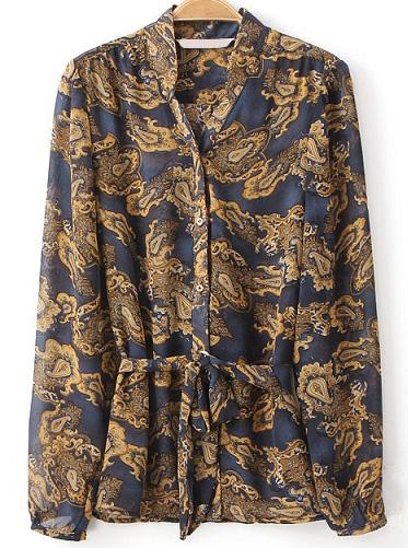 Romwe Stand Collar Vintage Print Tie-waist Blouse