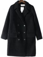 Romwe Lapel Double Breasted Long Black Coat With Pockets