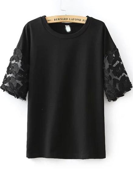 Romwe Black Sheer Mesh Short Sleeve Loose T-shirt