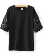 Romwe Black Sheer Mesh Short Sleeve Loose T-shirt