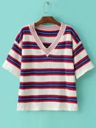 Romwe Red Stripe V Neck Elbow Sleeve Ribbed Knit Sweater