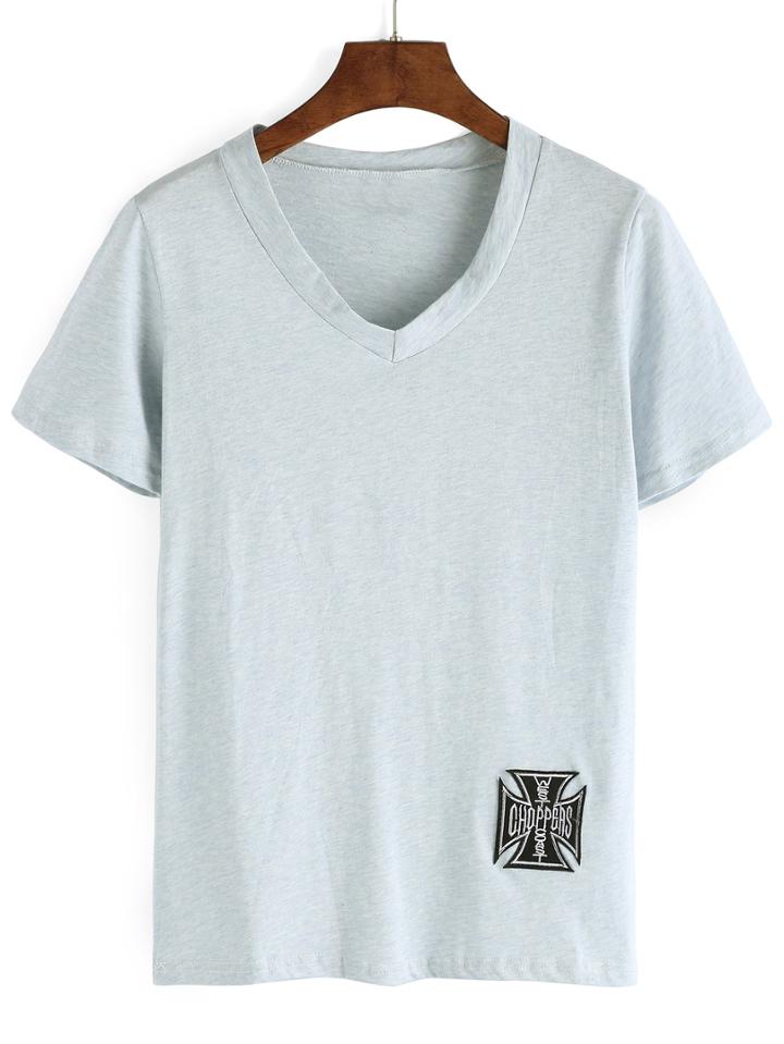 Romwe Round V-neck Embroidered Patch T-shirt - Blue