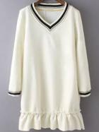 Romwe V Neck Striped Trim Ruffle Hem White Dress