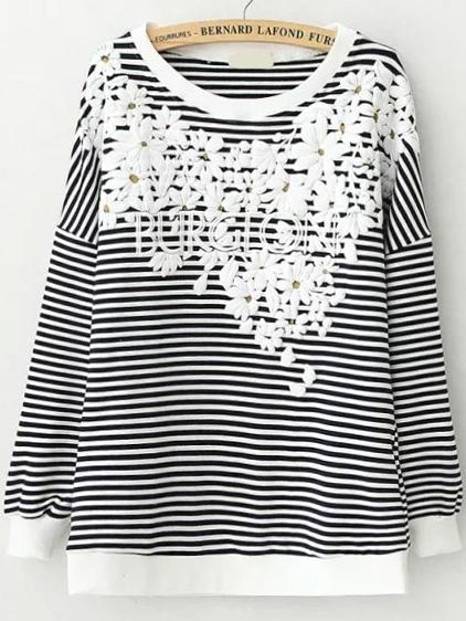 Romwe Striped Flower Letter Embossed Black Sweatshirt