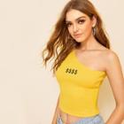 Romwe One Shoulder Dollar Embroidered Crop Tee