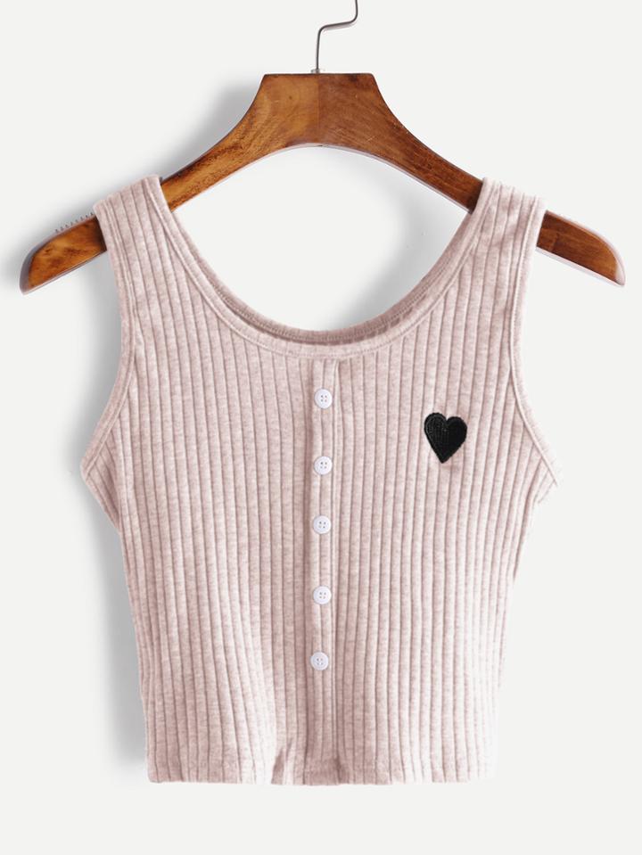 Romwe Pink Button Front Heart Embroidered Tank Top