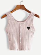 Romwe Pink Button Front Heart Embroidered Tank Top