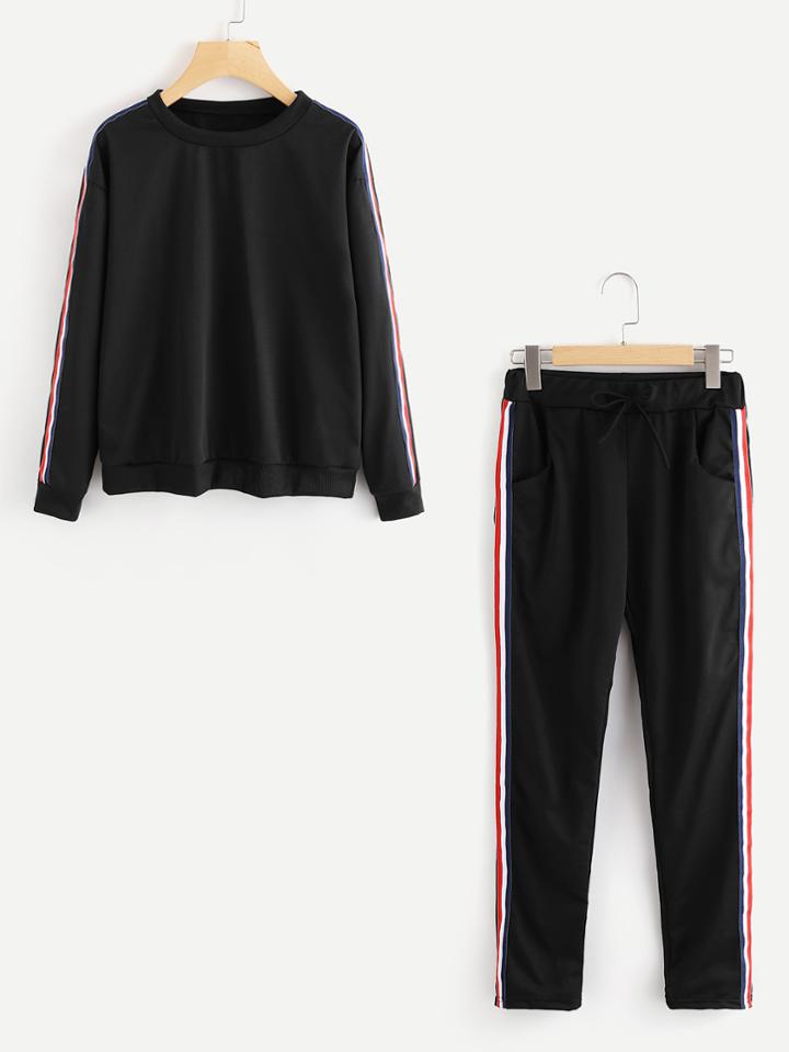 Romwe Contrast Striped Tape Side Top With Pants