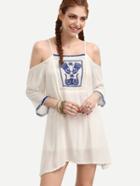 Romwe Beige Cold Shoulder Embroidered Dress