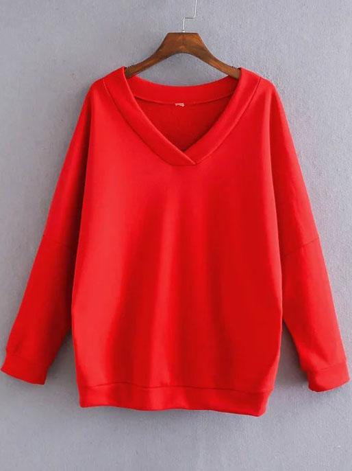 Romwe Red Letter Print V Neck Batwing Sleeve Sweatshirt