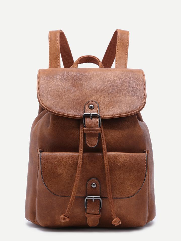 Romwe Khaki Pu Buckle Strap Drawstring Flap Backpack