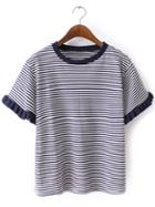 Romwe Navy Ruffle Cuff Short Sleeve Stripe T-shirt