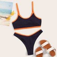 Romwe Contrast Piping Rib-knit High Cut Bikini Set