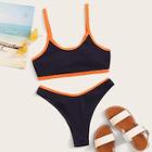 Romwe Contrast Piping Rib-knit High Cut Bikini Set