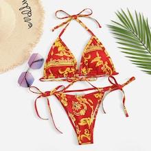 Romwe Random Pattern Halter Top With Self Tie Side Bikini