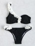 Romwe Contrast Flower Embellished One Shoulder Bikini Set