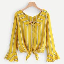 Romwe Flounce Sleeve Knot Hem Striped Blouse