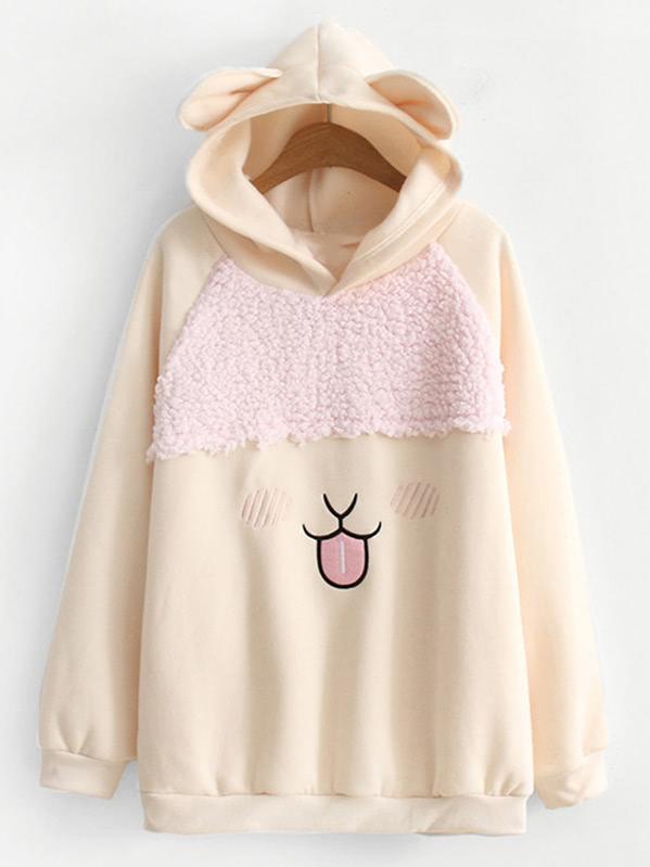 Romwe Lambswool Panel Cartoon Embroidered Hoodie