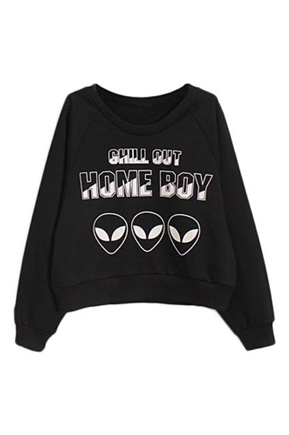 Romwe Letter And Alien Print Black Sweatshirt