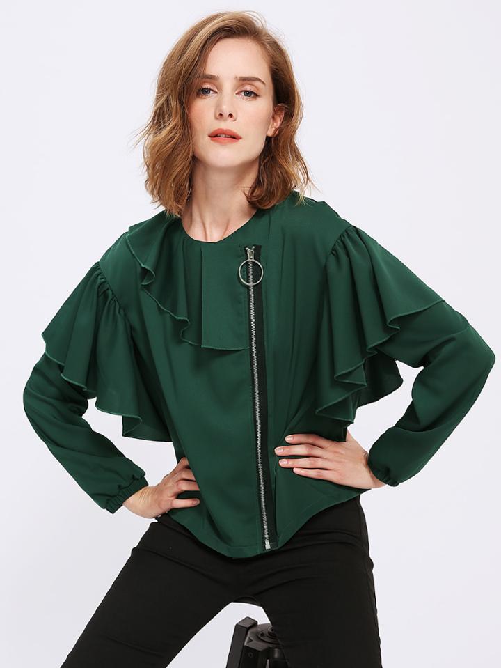 Romwe Flounce Trim Zip Up Jacket