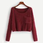 Romwe Plus Pocket Patched Solid Fuzzy Jumper