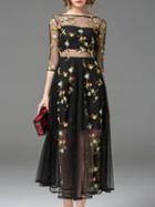 Romwe Black Sheer Gauze Embroidered Midi Dress