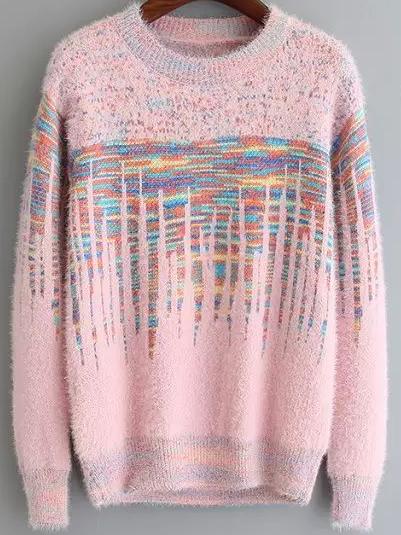 Romwe Women Long Sleeve Printed Pink Sweater