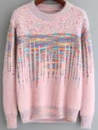Romwe Women Long Sleeve Printed Pink Sweater